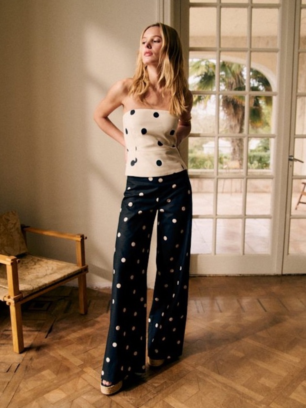 SEZANE EDITIONS Ecru Cream & Black Polka Dot Printed Linen Strapless Peplum Top - Picture 4 of 17